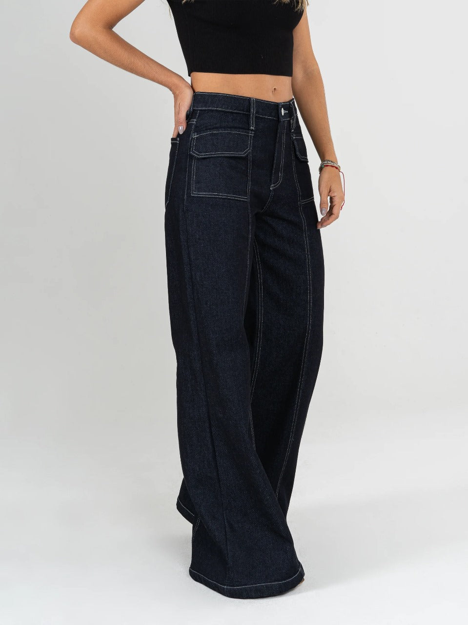 Ref: DCN962 Jean Mom flare, palazzo, rígido, tiro alto