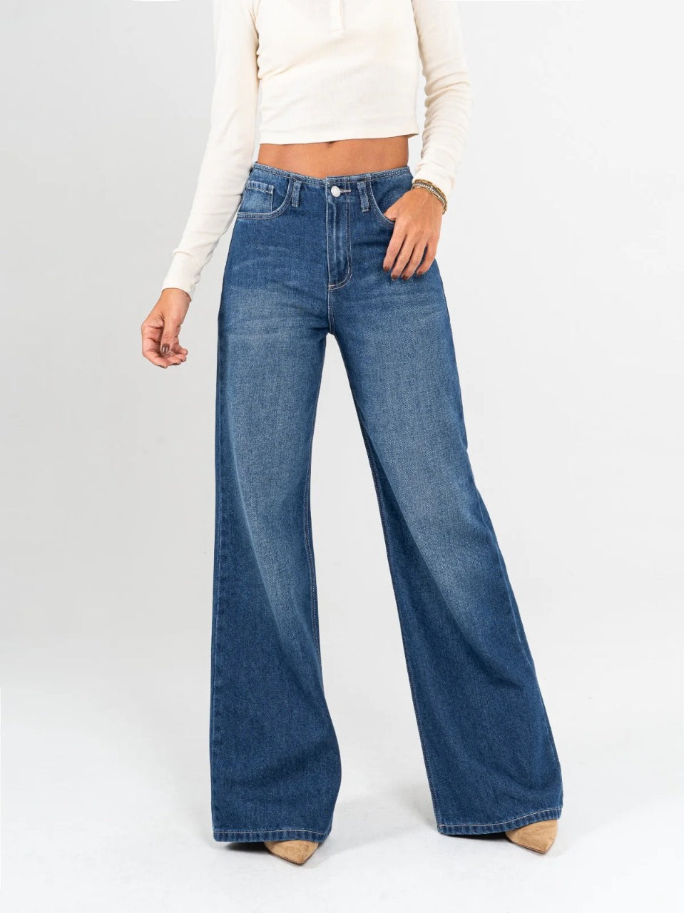 REF: DCN878 Jean Mom Flare Palazzo Pretina con detalle
