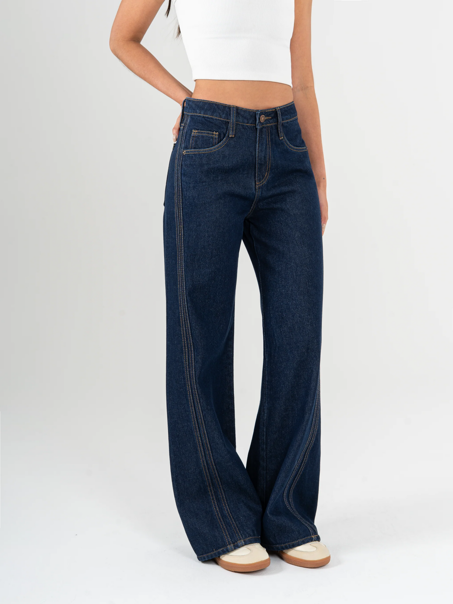 REF: DCN946 Wide Leg rígido, tiro alto, tono