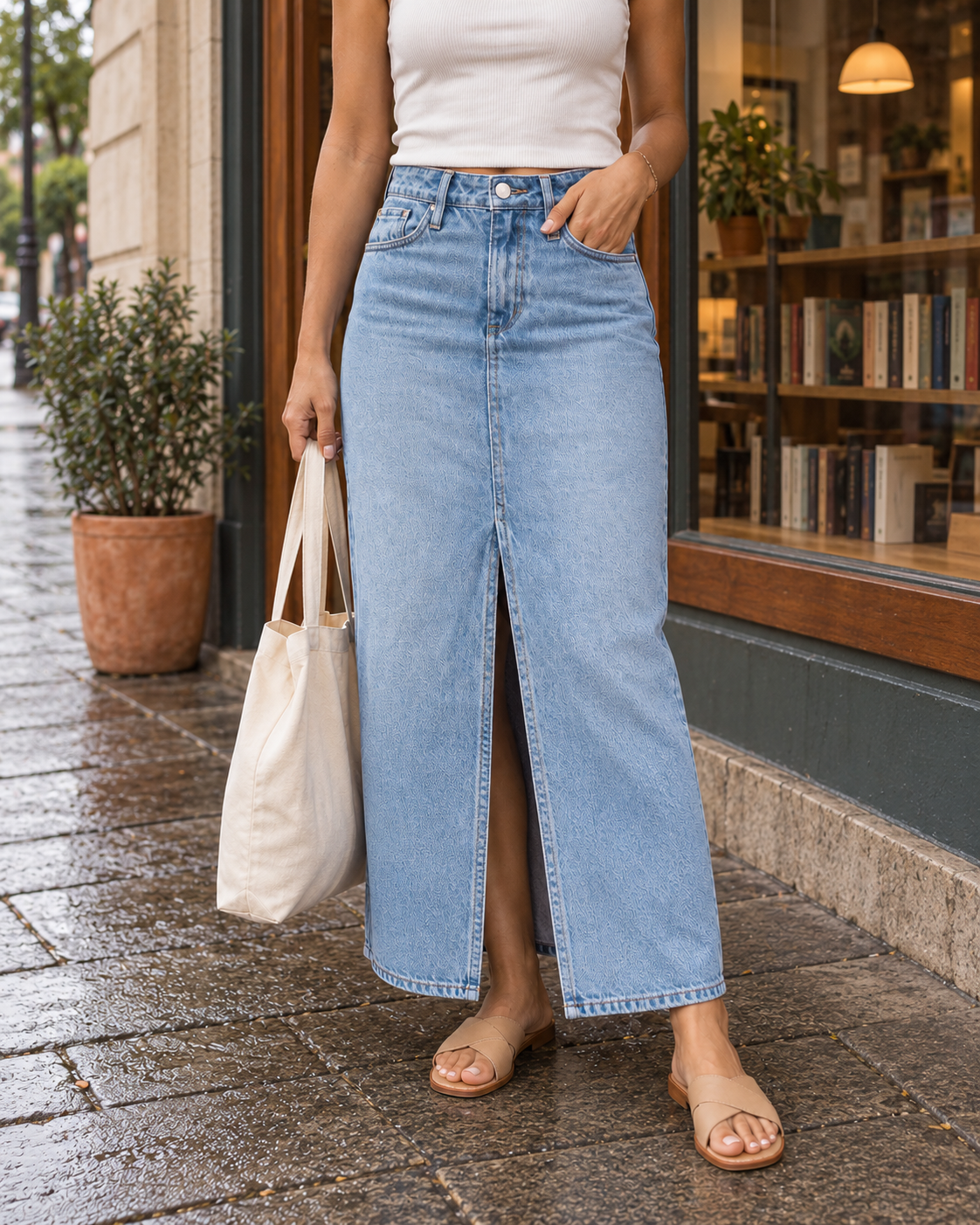 Imagen editorial generada con IA para la colección Faldas de Unik Jeans.