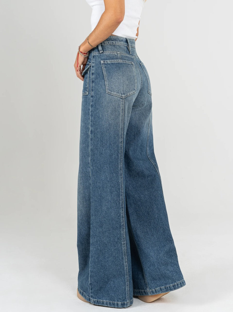 Ref: DCN857 Jean Mom flare, palazzo, rígido, tiro alto