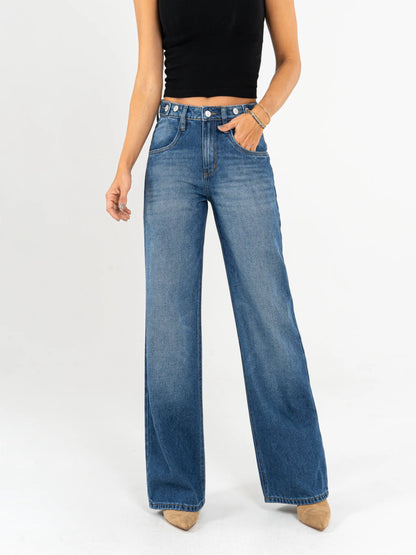 Ref: DCN874 Jean mom flare rígido detalle en pretina,tono azul