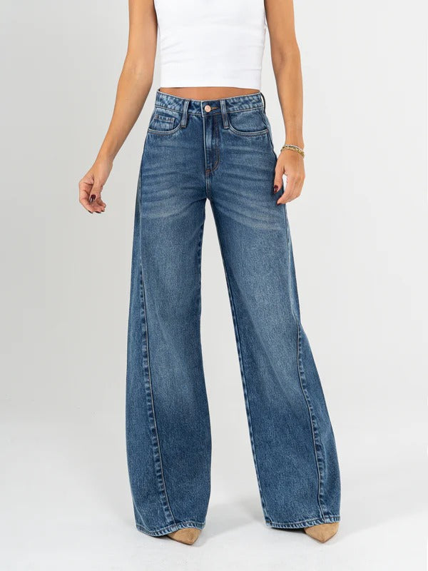 Ref: DCN915 Jean wide leg, tiro alto, con cortes, rígido