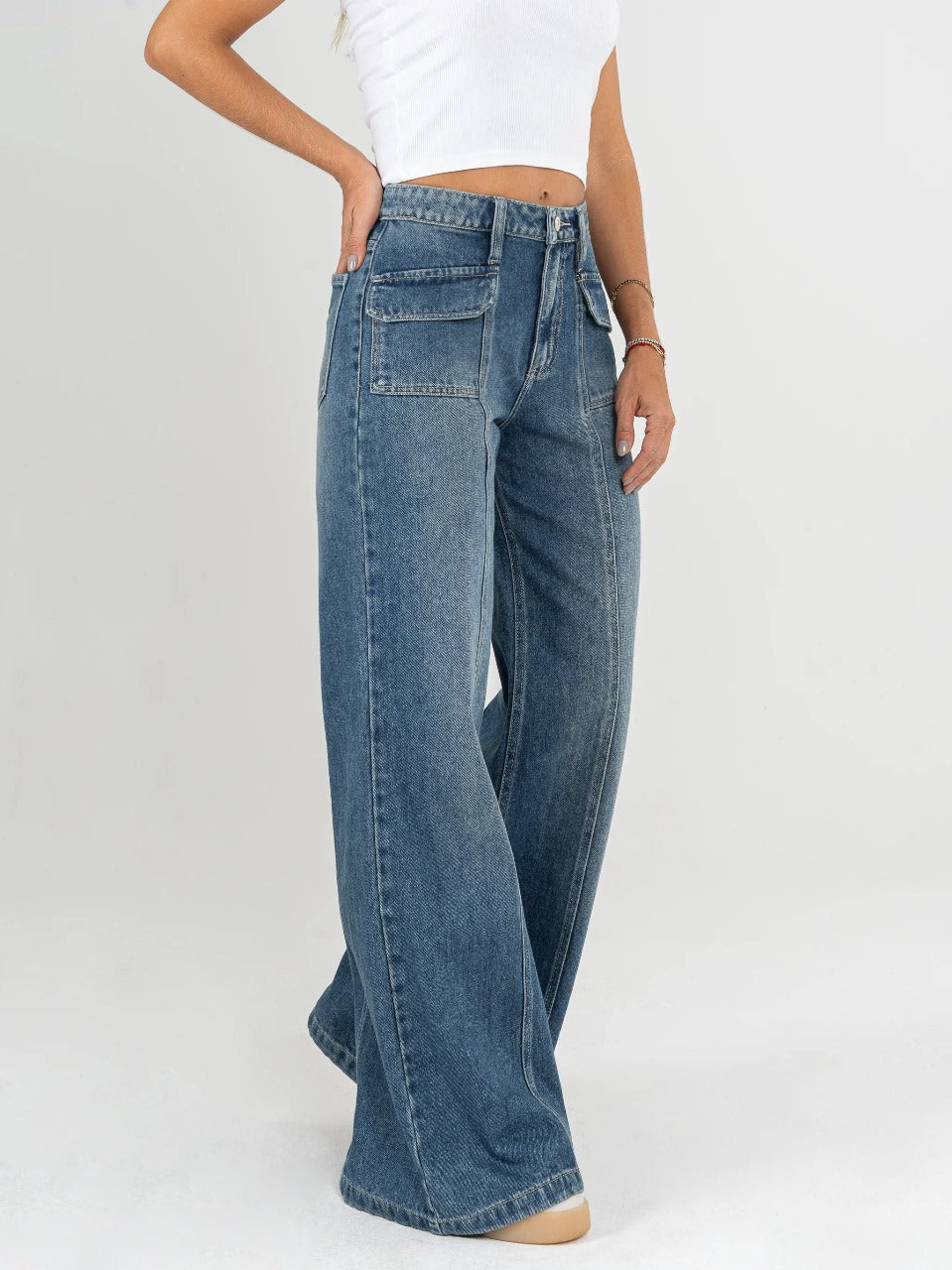Ref: DCN857 Jean Mom flare, palazzo, rígido, tiro alto