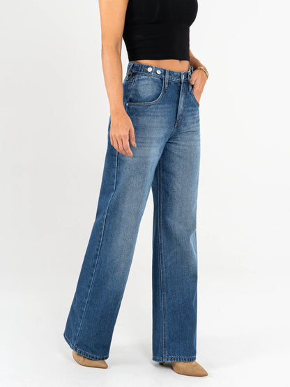 Ref: DCN874 Jean mom flare rígido detalle en pretina,tono azul