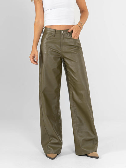 Unik Jeans - Ref:1045 pantalón wide leg efecto cuero - COLOR: VERDE