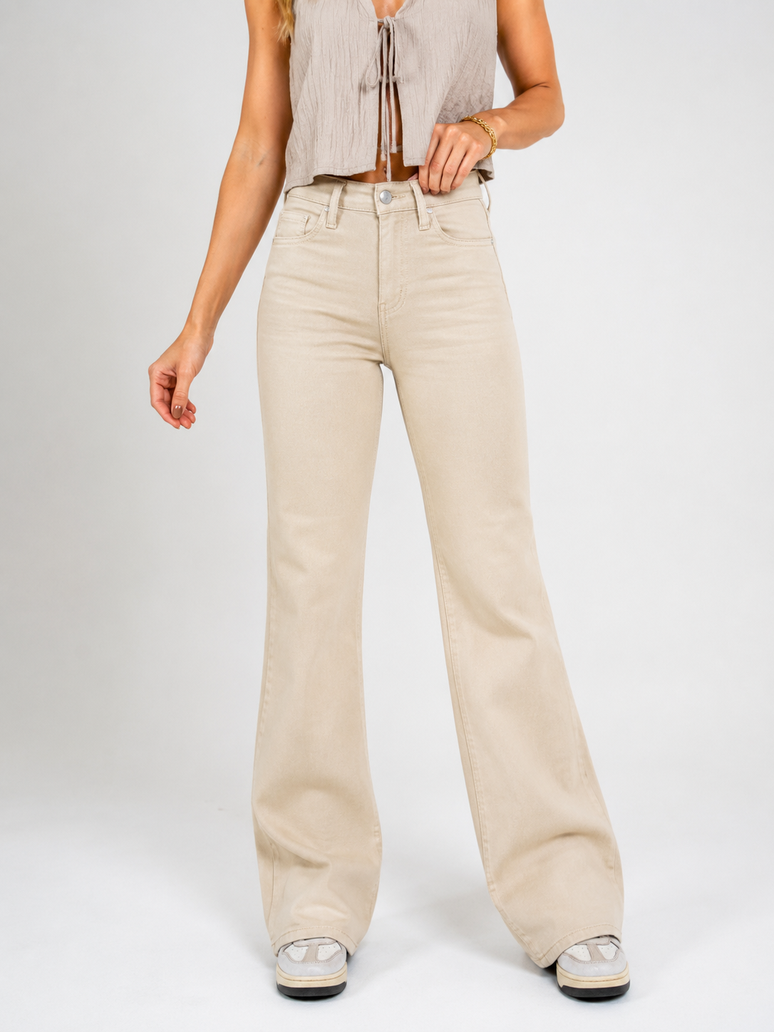 Ref: DC1044 Jean flare stretch,bota ancha, tiro alto