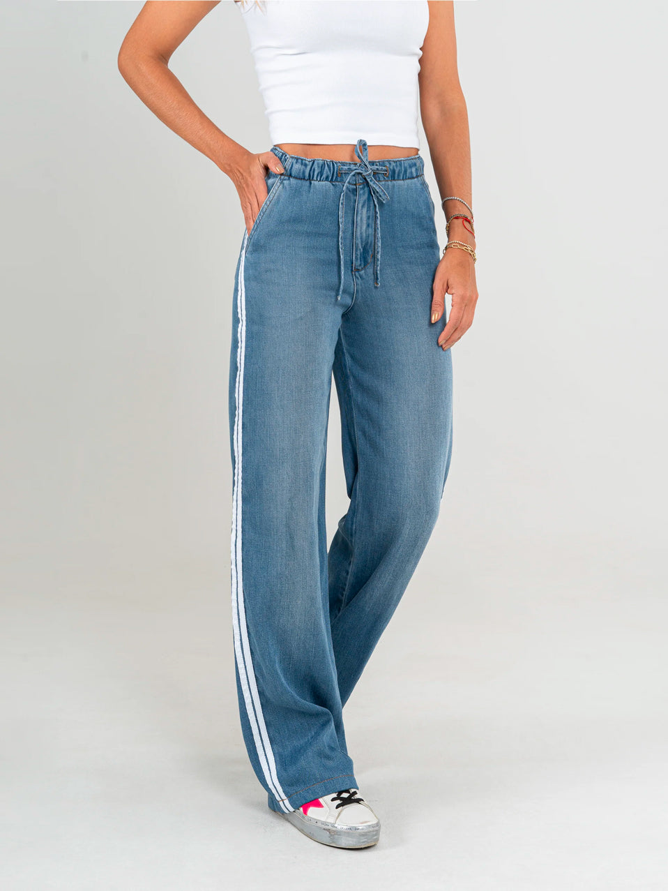 Ref: DCN854 Pantalón straight leg denim liviano, rígido, tiro alto, tono azul,Athleisure