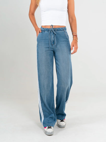Ref: DCN854 Pantalón straight leg denim liviano, rígido, tiro alto, tono azul,Athleisure
