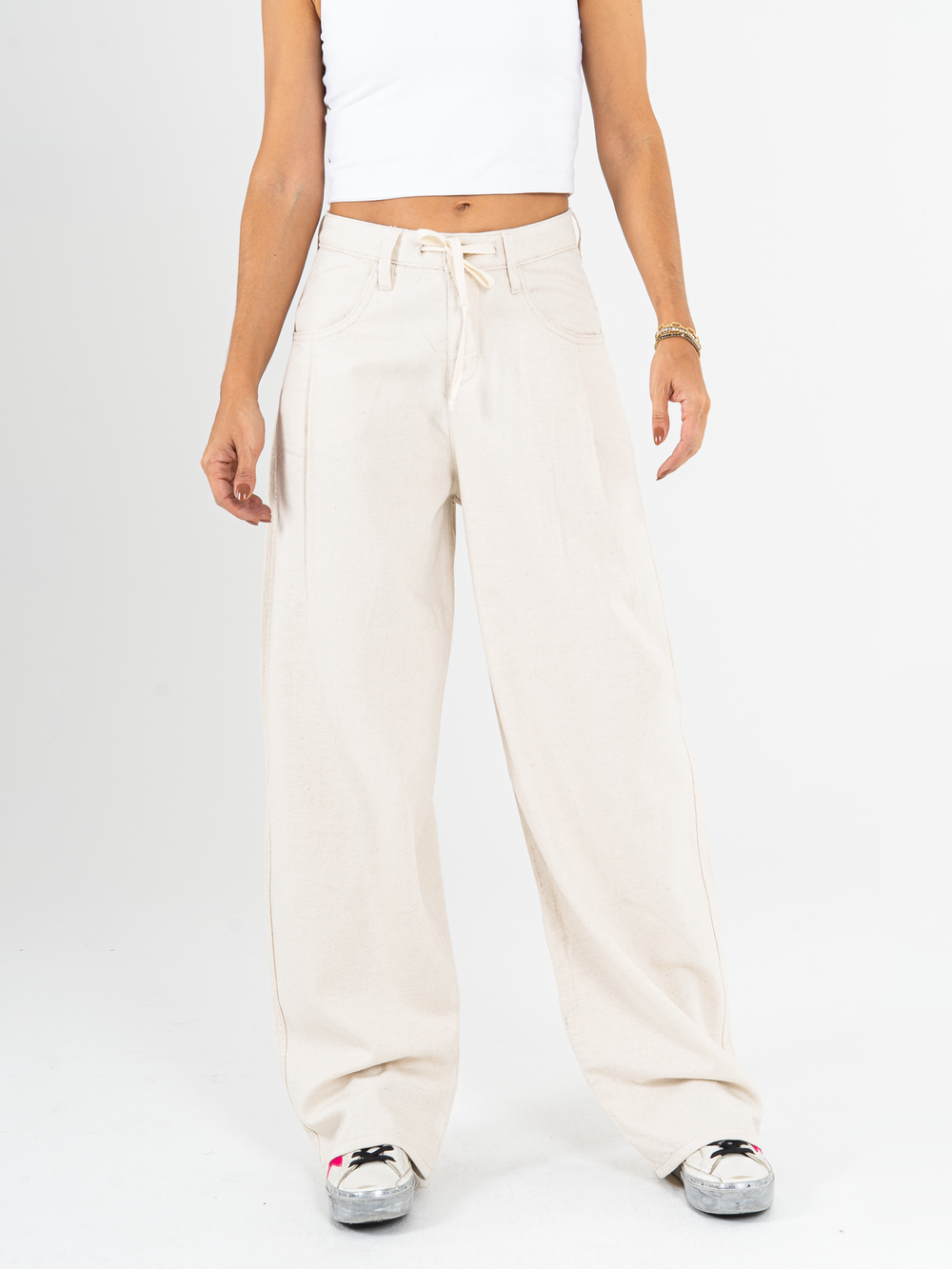 Ref: DCN1049 Pantalón palazzo, tejido tipo lino, tiro alto,tono natural