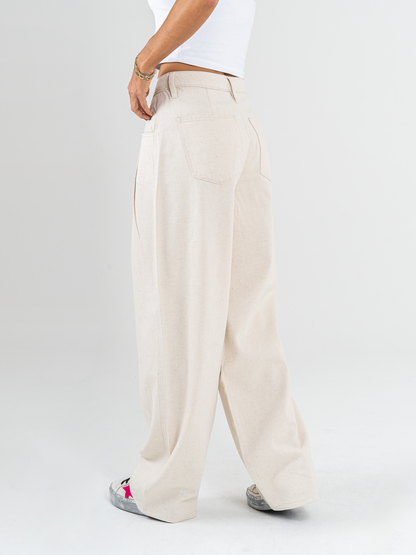 Ref: DCN1049 Pantalón palazzo, tejido tipo lino, tiro alto,tono natural