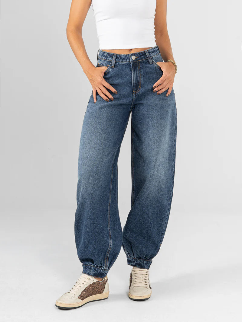 Ref:DCN1114 Jean baggy cropped detalle en bota tiro alto azul medio