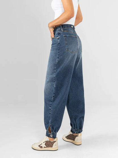 Ref:DCN1114 Jean baggy cropped detalle en bota tiro alto azul medio