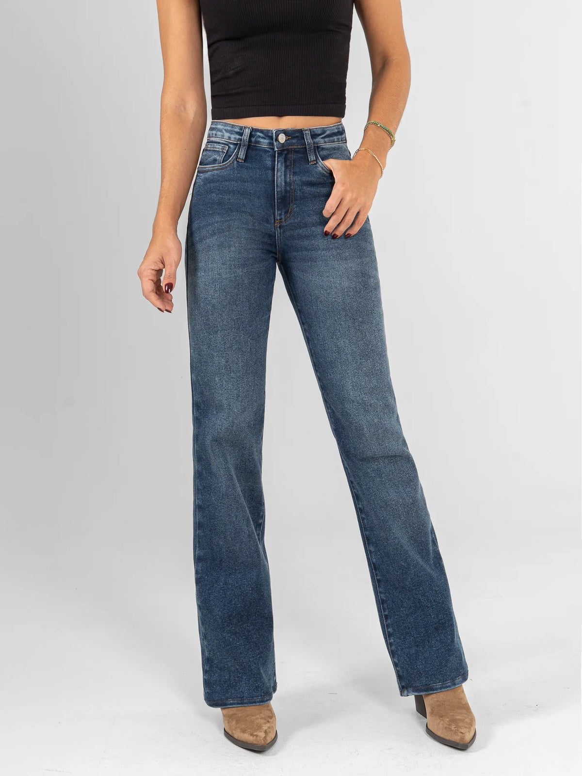 Ref: DCN1050 Jean flare stretch, bota recta, tiro alto, tono azul
