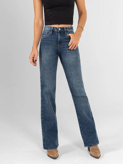 Ref: DCN1050 Jean flare stretch, bota recta, tiro alto, tono azul