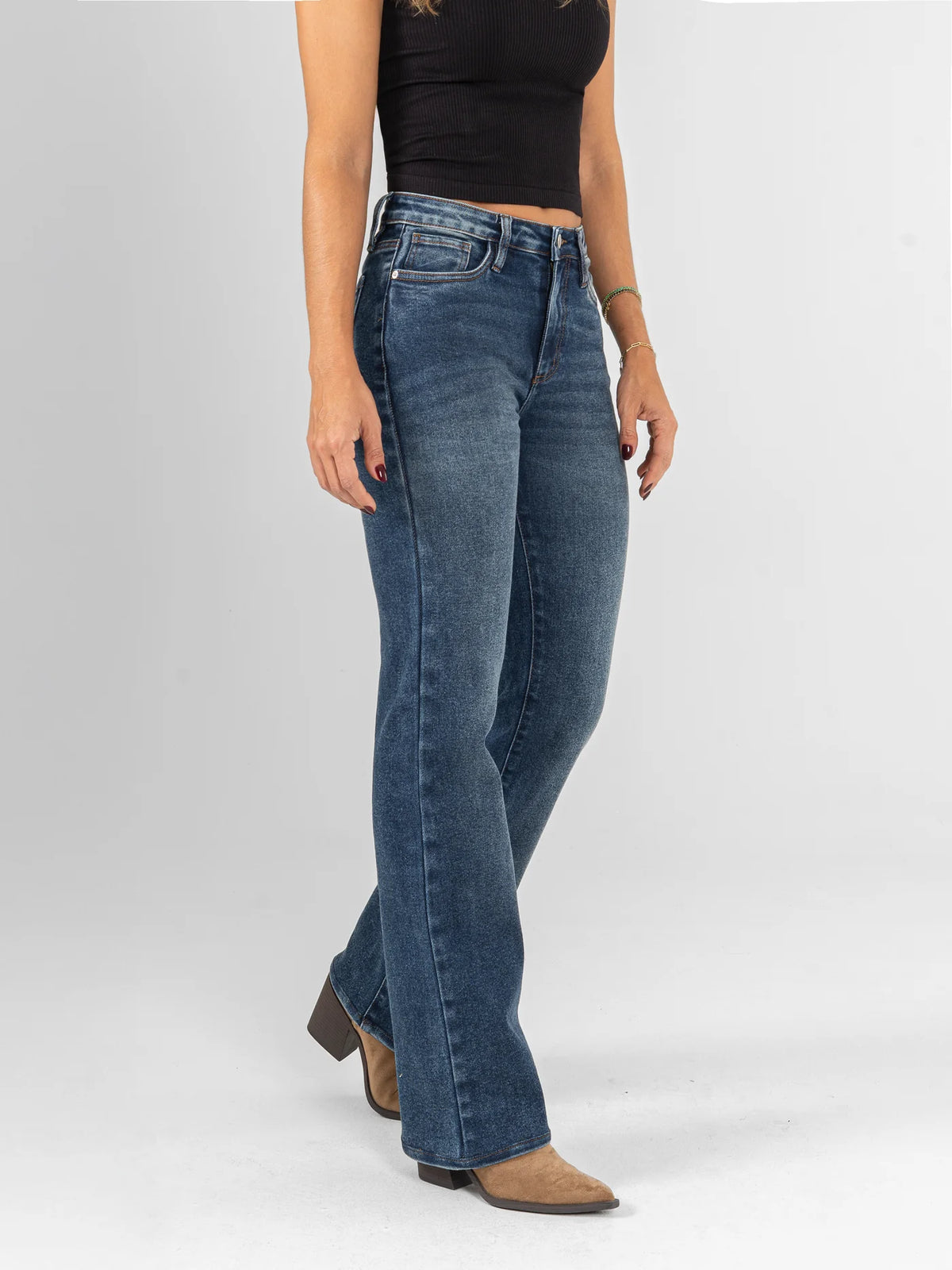 Ref: DCN1050 Jean flare stretch, bota recta, tiro alto, tono azul