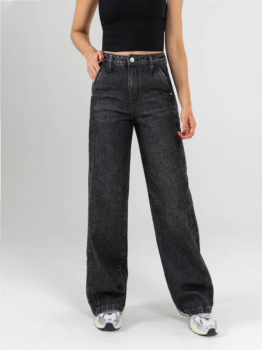 REF: DCN849  Jean Mom Flare, rígido, tiro alto Gris