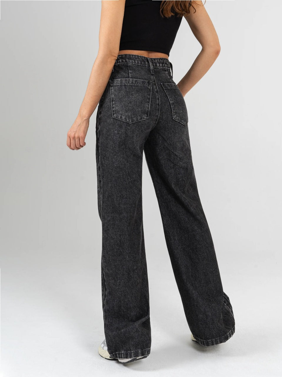 REF: DCN849  Jean Mom Flare, rígido, tiro alto Gris