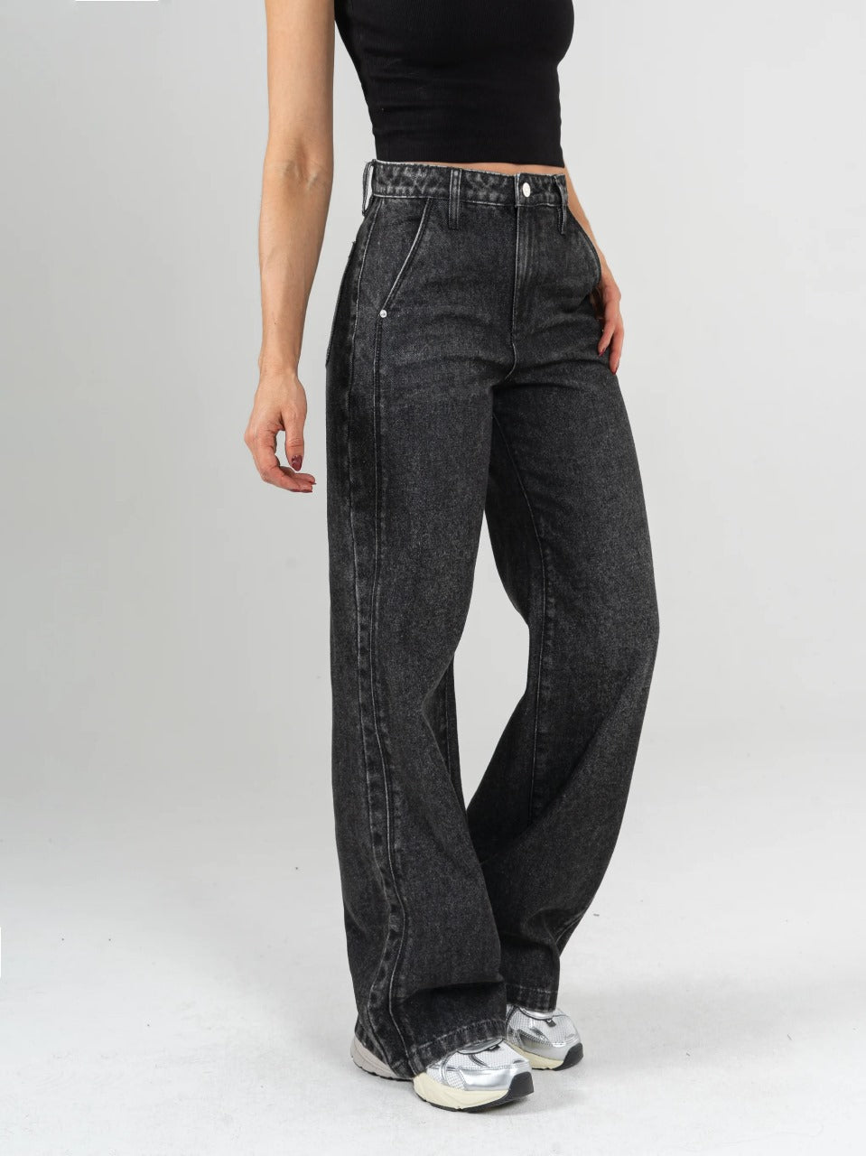 REF: DCN849  Jean Mom Flare, rígido, tiro alto Gris