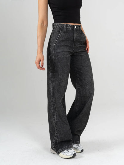 REF: DCN849  Jean Mom Flare, rígido, tiro alto Gris