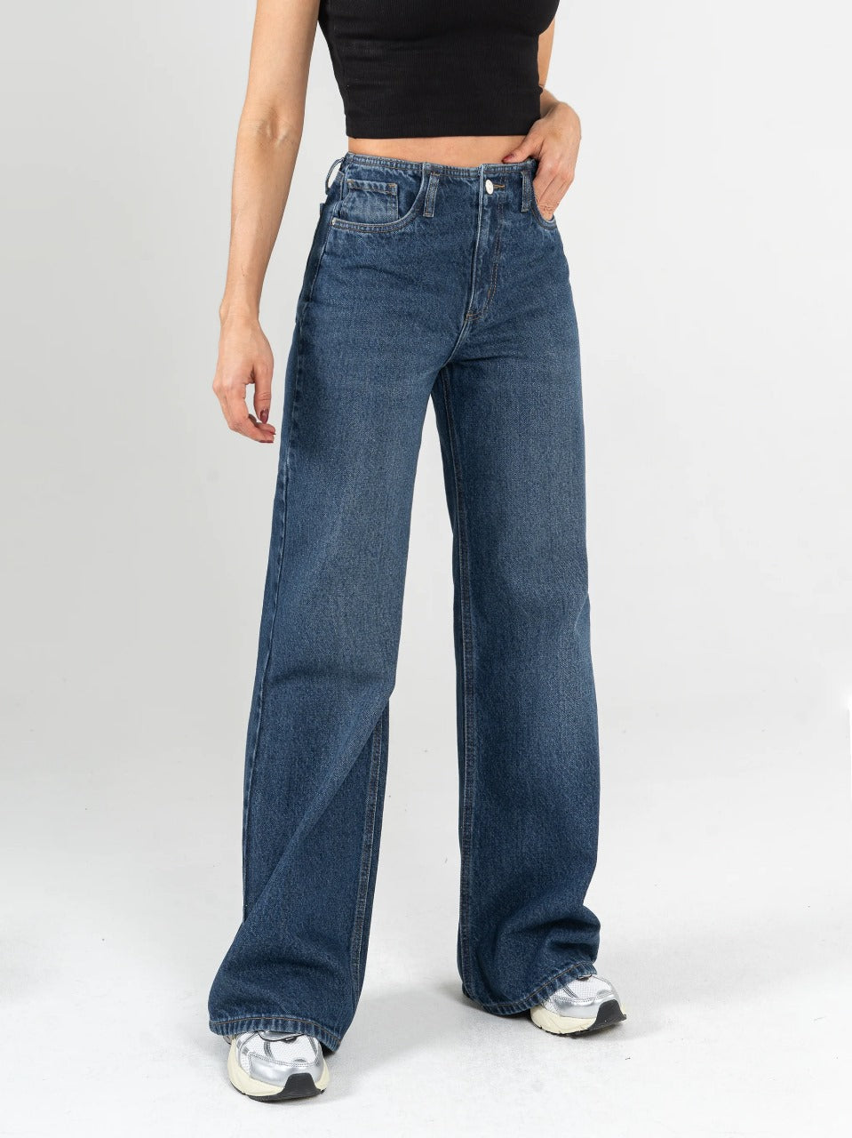 REF: DCN842  Jean Mom Flare Palazzo Pretina Con Detalle