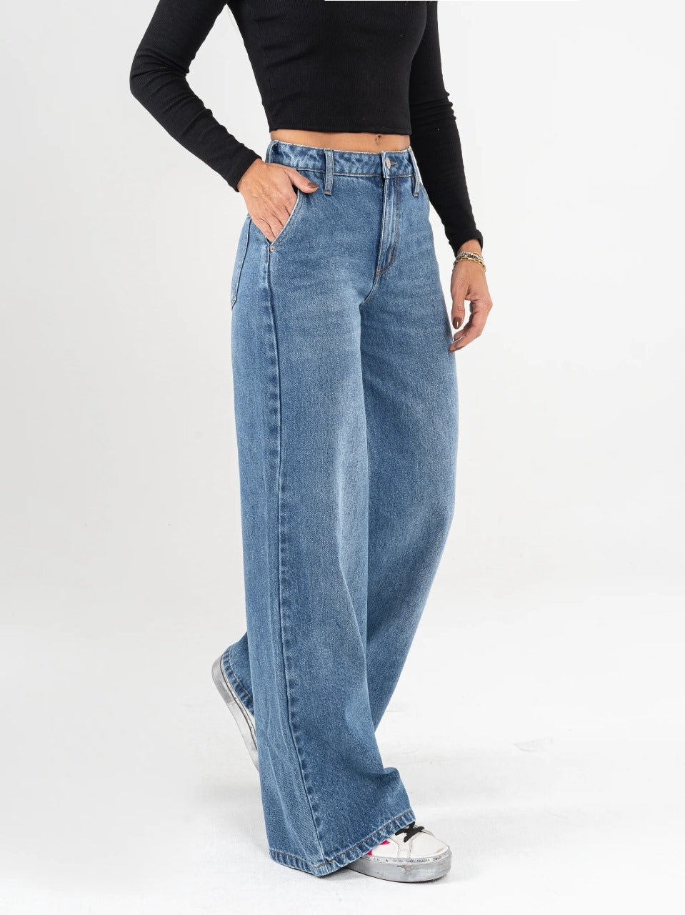 Ref: DCN866 Jean Mom flare, palazzo, rígido, tiro alto