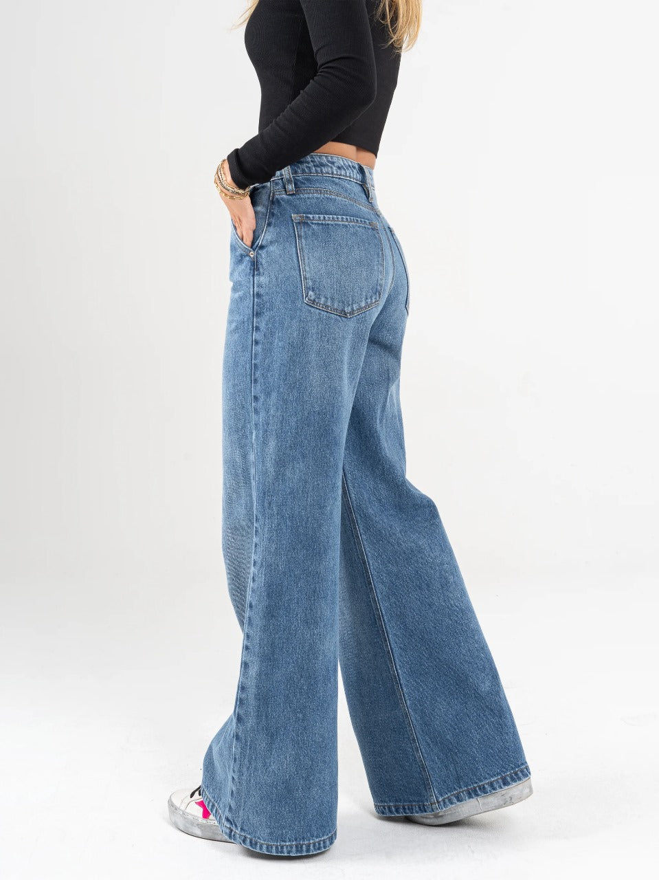 Ref: DCN866 Jean Mom flare, palazzo, rígido, tiro alto