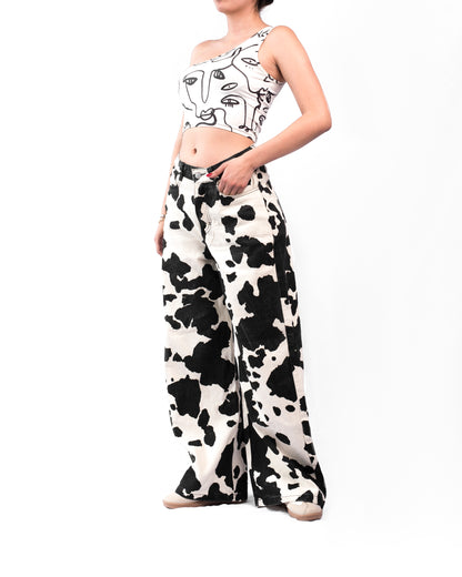 Ref: DCN899 Jean Mom flare Cow, palazzo, rígido, tiro alto.