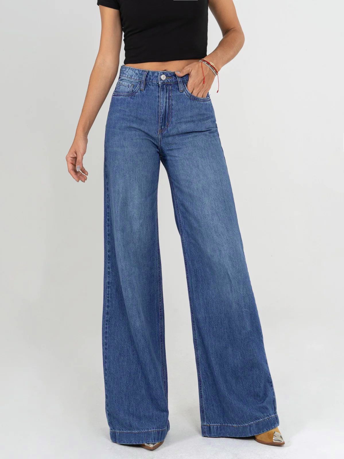 REF: DCN847 Y DCN862 Jean Mom Flare Palazzo, rígido, tiro alto