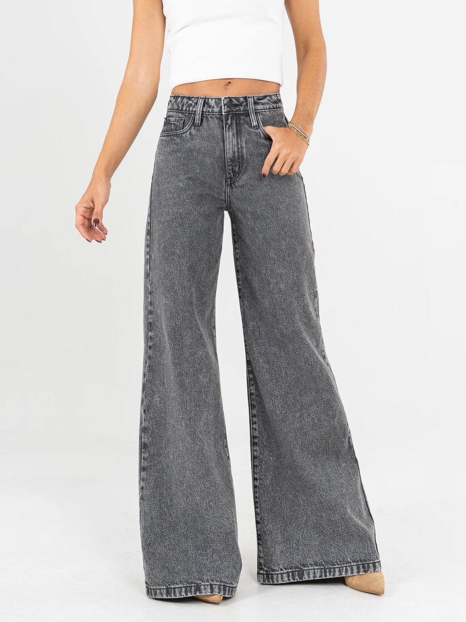 Ref: DCN858 Jean Mom flare, palazzo, rígido, tiro alto