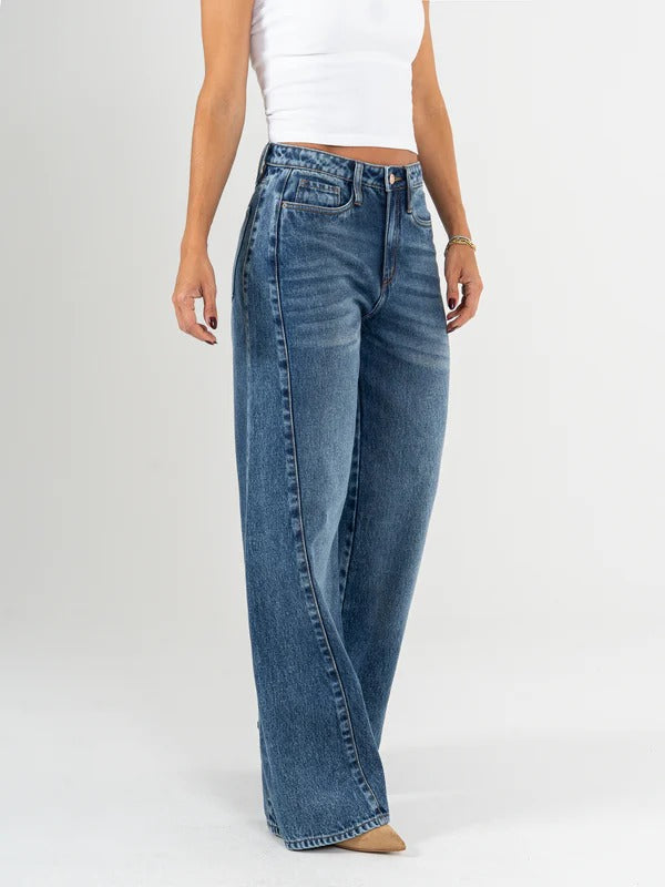Ref: DCN915 Jean wide leg, tiro alto, con cortes, rígido