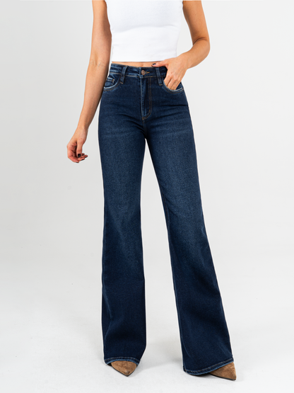 Ref: DCN1014 Jean flare stretch, bota acha, tiro alto, tono azul
