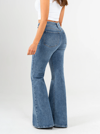 Ref: DCN1014 Jean flare stretch, bota acha, tiro alto, tono azul