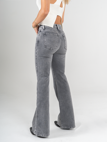 Ref: DCN1015 Jean flare stretch, bota ancha, tiro alto, tono gris