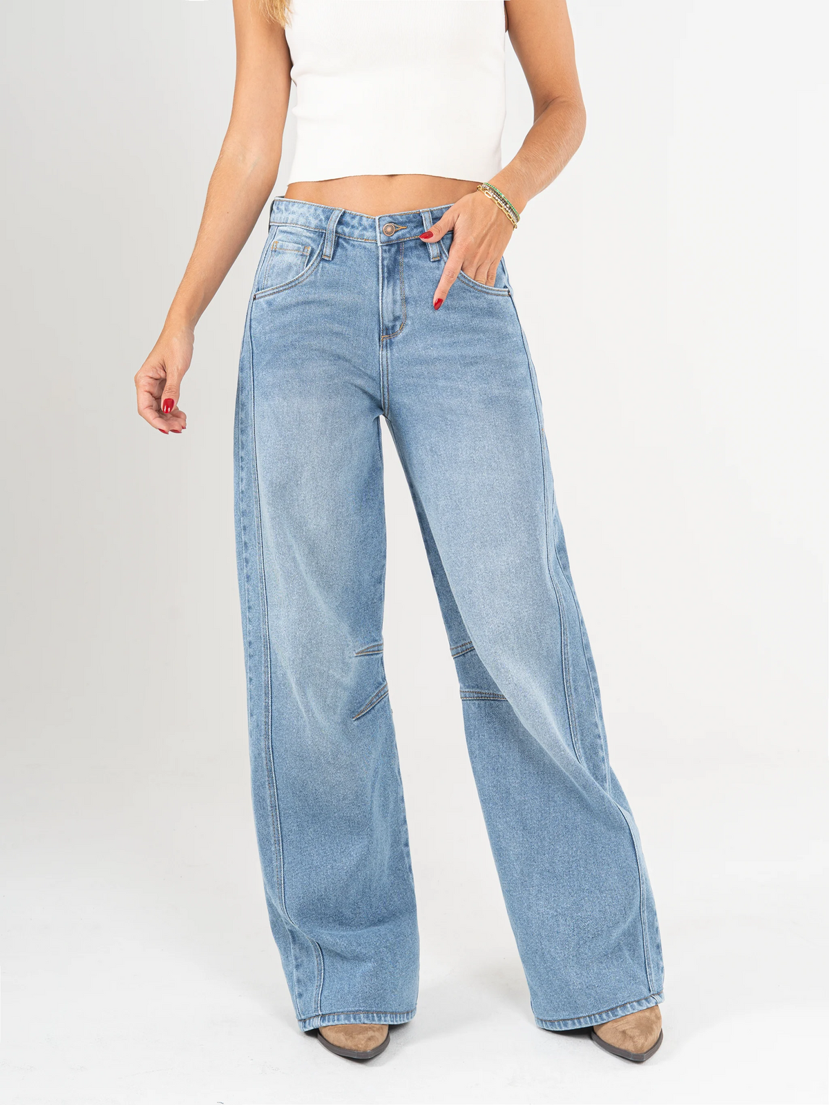 Ref: DCN1097 Jean palazzo, strech, tiro alto, tono azul