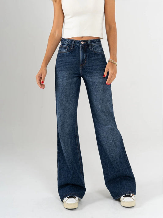 Ref: DCN968 Jean mom Flare, rígido, tiro medio, tono azul