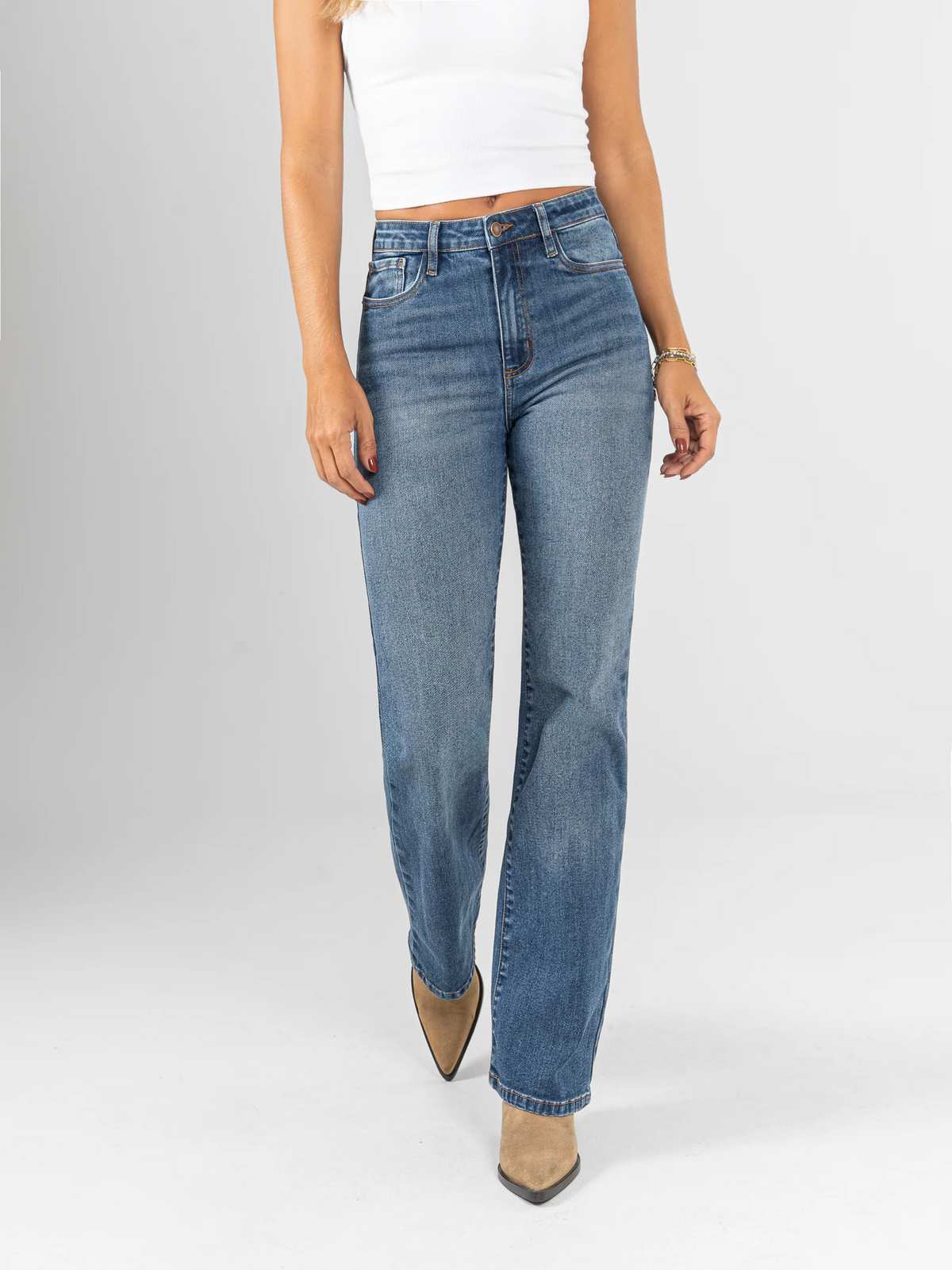Ref: DCN1050 Jean flare stretch, bota recta, tiro alto, tono azul
